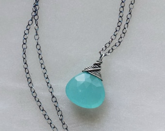 Aqua Chalcedony Necklace, Oxidized Silver Necklace, Sterling Silver Necklace, Oxidized Aqua Chalcedony Necklace, Oxidized Pendant