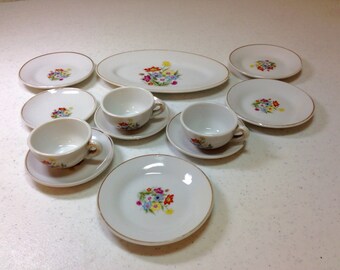 Vintage Porcelain China Toy Dishes 12 Pieces White with Multicolored Flowers and Gold Trim Made in Japan Previously 25 Dollars ON SALE