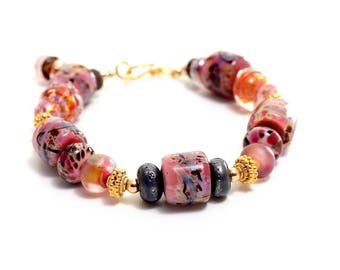 Coral Lampwork Bead Bracelet. Pink Coral Beads. Gold Bali Beads. Boho Rustic Ethnic Bracelet. Lampwork Jewelry. Gifts For Her.
