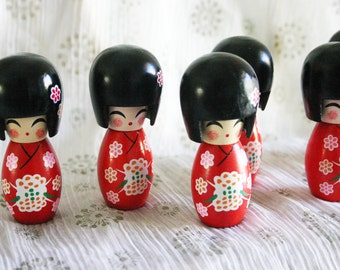 RED Sakura chan - 1 Wooden Japanese Kokeshi doll (2.75"x1" at widest points)