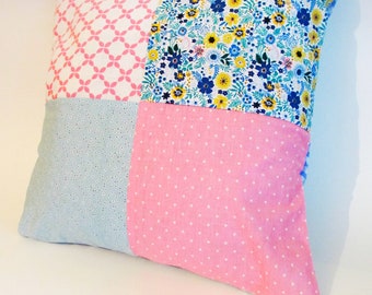 Floral Pink and Blue Spring/Summer Patchwork Cushion Cover