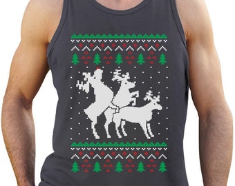 Humping Reindeer Threesome Ugly Christmas Sweater Men's Tank Top Singlet
