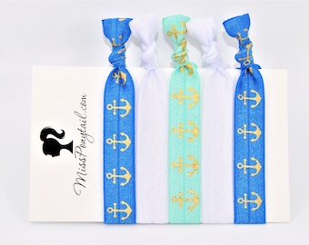 Anchor Hair Ties, Blue, Aqua, Gold Foil Anchors, Elastic FOE Hair Ties, Hair Accessories, Ponytail Holder, Knotted Hair Ties, missponytail