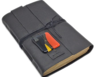 Leather Journal with Tea Stained Paper, Large Black Travel Journal, Fused Glass, OOAK, Bookmark, Custom, Sketchbook, Mother's Day Gift