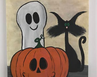 Cute Ghost and Cat Halloween Canvas Painting