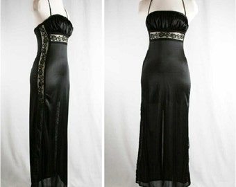 XS Sultry 70s Nightie - Black Halter Nightgown with Lace Inserts - 1970s Lingerie - Slinky Nylon & Lace - Size 0 - Bust 30 to 31 - 39902-1