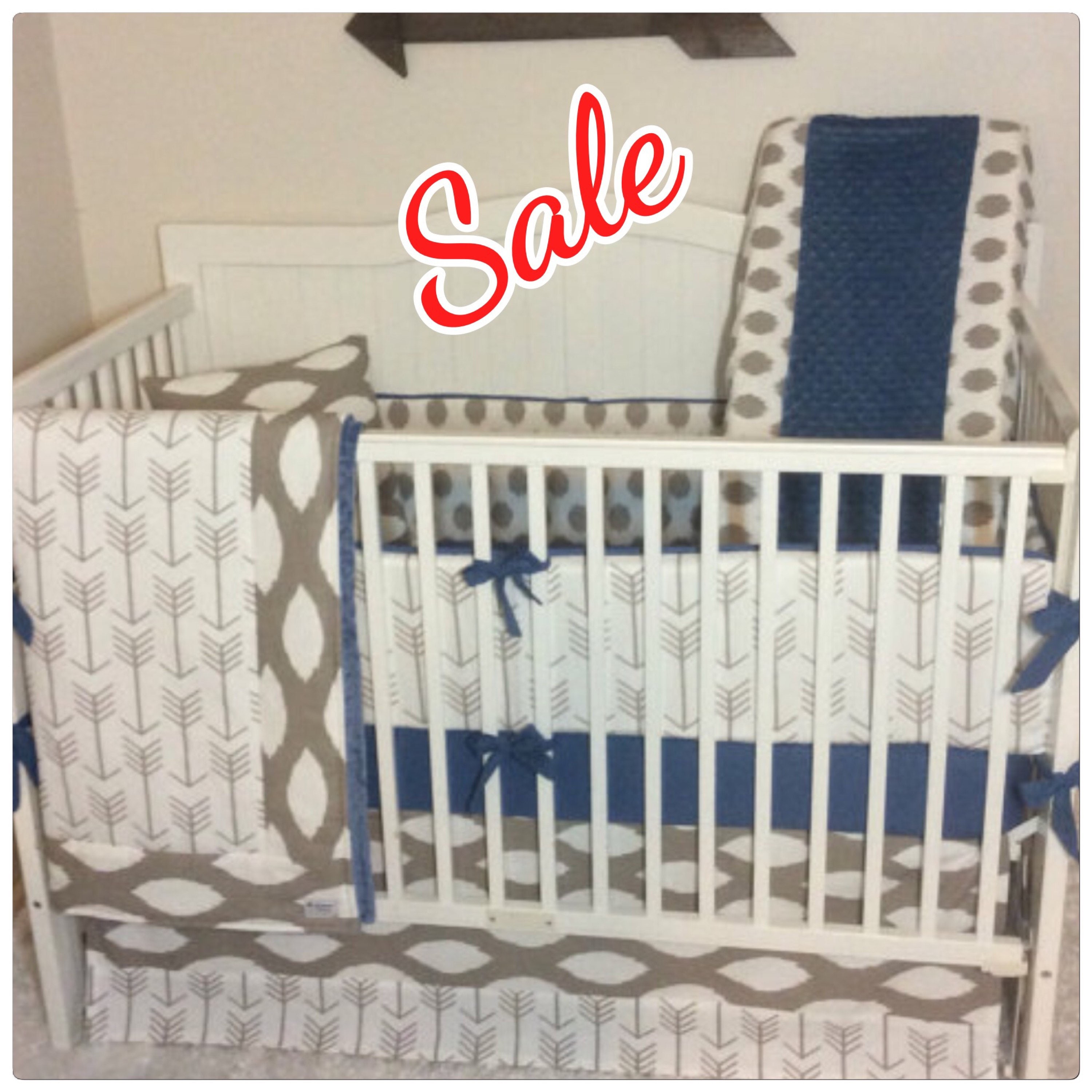 Baby Boy Crib Bedding Set Taupe and Denim Blue Arrows READY TO