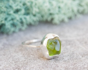 Raw Peridot ring in Sterling Silver, rough green peridot ring, August birthstone