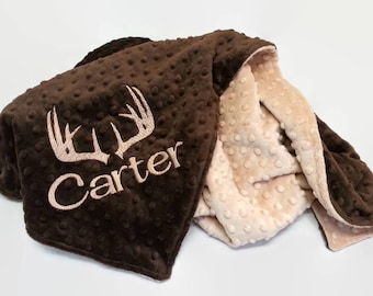 Personalized Minky Baby Blanket with Antlers - Brown and Tan
