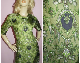 Vintage 50s 60s Moss Green Baroque printed MOD Shift dress 14 M 1950s 1960s Ornate Modette