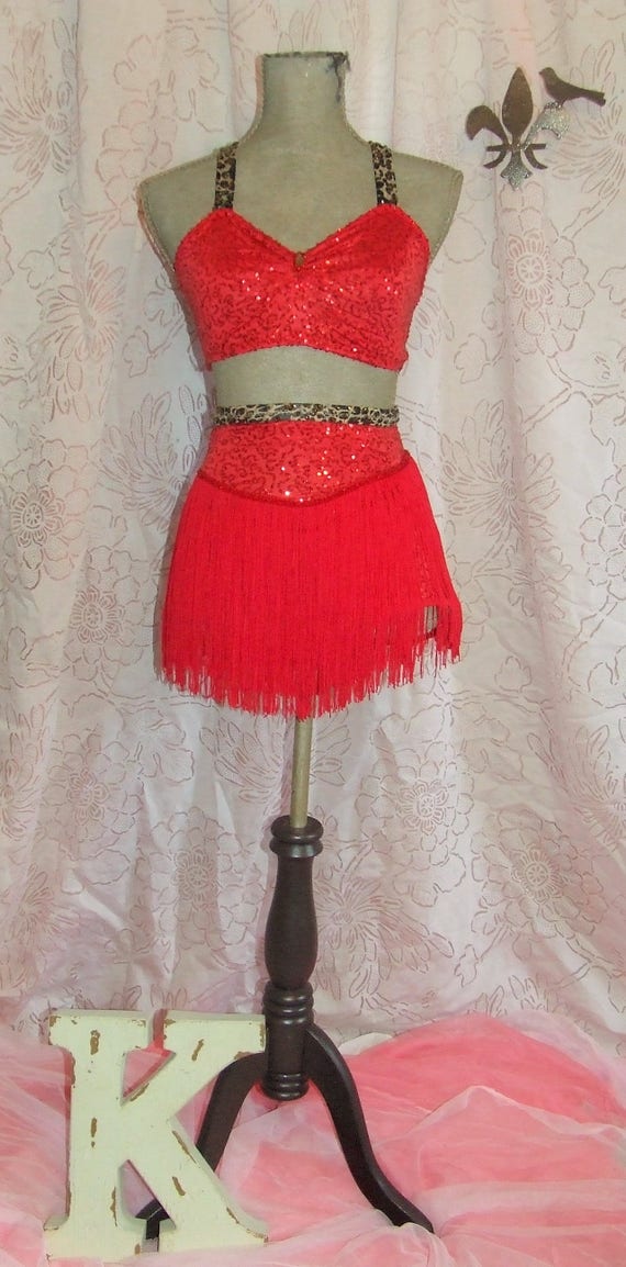 Sassy Red Fringe Sequin Leopard 2 Piece High Waist Latin Jazz