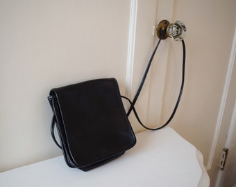 Vintage Black Leather Crossbody Square Fold Over Purse