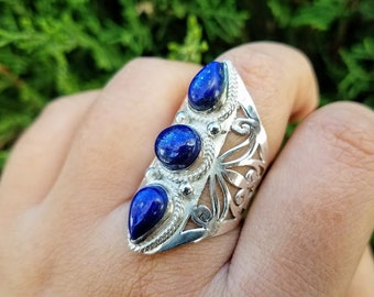 Lapis Lazuli Ring - Blue Lapis Ring - Bohemian Ring - Lapis Jewelry - Silver Statement Ring - Nepalese Tibetan Jewelry