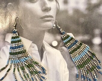 Beads silver, blue and khaki - Hippie, Bohemian earrings