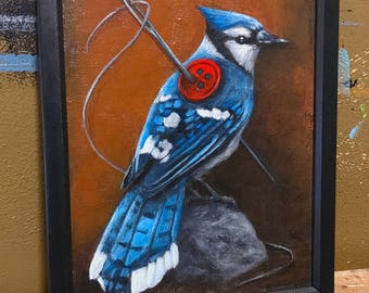 A Thin Blue Thread original acrylic painting on canvas panel. Modern surreal art