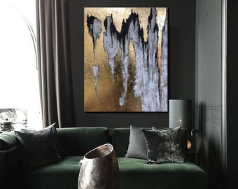 Black White Painting, Abstract large black gold Painting, Black Gold wall art, Abstract gold, 40" Large Painting, Gold Painting, gold leaf