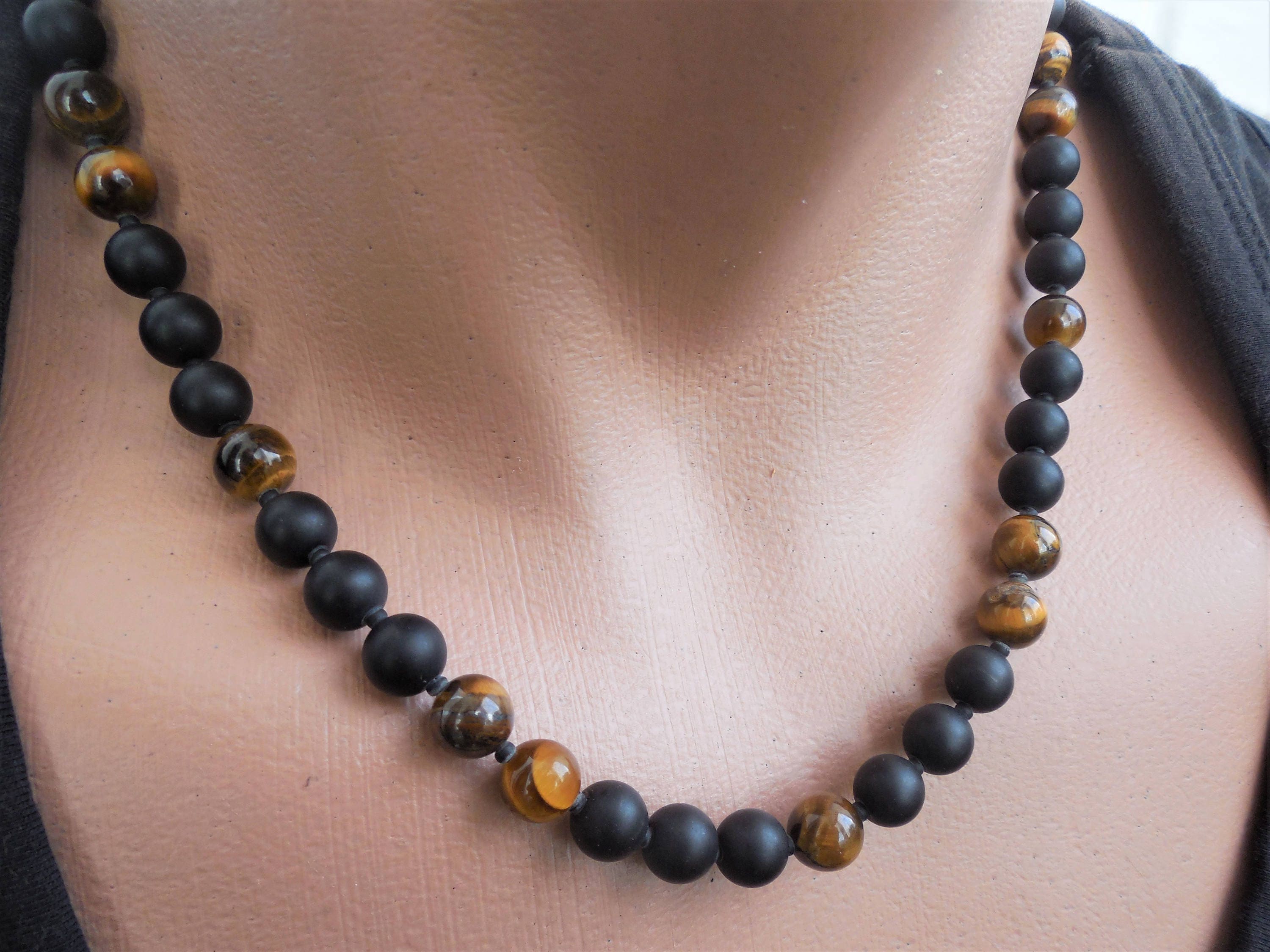 mens beaded necklace tigers eye necklace black onyx necklace