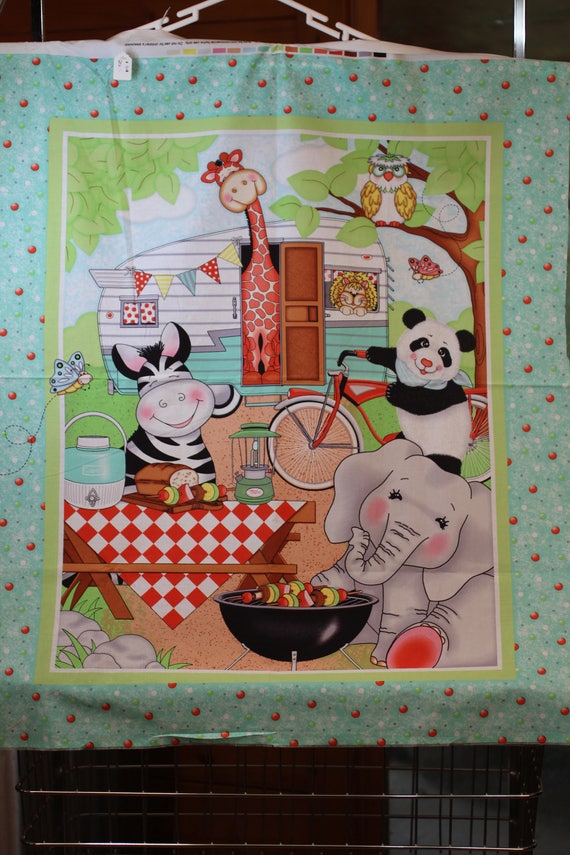 Children's fabric panel with animals camping around a