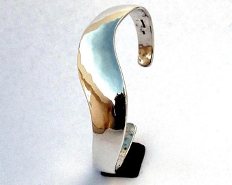 Sterling Silver Cuff Bracelet, S Curve, Light Hammering