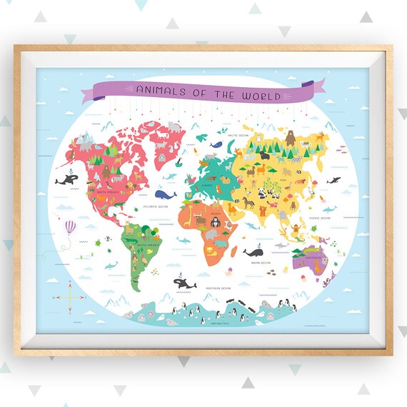world map map of the world map wall art map nursery art educational poster classroom poster map poster animal map playroom art blue