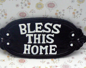 Bless This Home Cast Iron Welcome Greeting Sign Black with White Lettering Wall Entryway Door Decor Plaque New House Warming Gift