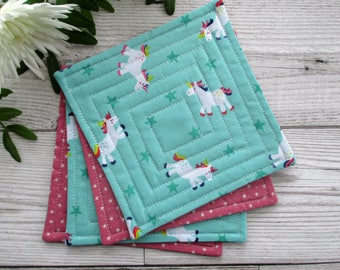 Unicorn Coasters, Quilted Coasters, Unicorn Decor, Table Decor, Drink Coasters, Whimsical Gift, Gift For Her, Housewarming Gift, Mug Mats