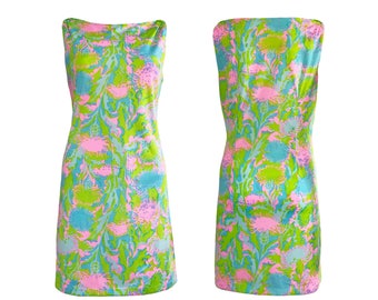 Vintage 1960s Neon Green Retro Mod Print Shift Mini Dress Floral Day Style SZ UK 12