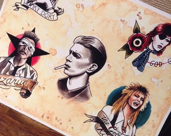 David Bowie tattoo flash print • Lazarus • Ziggy • Hunky Dory • Duke • Goblin King