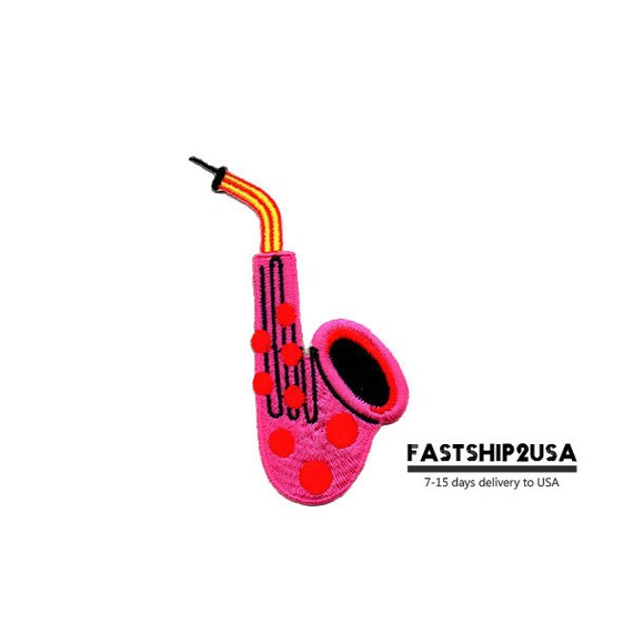 Pink Saxophone Embroidered Iron On Patch Heat Seal Applique