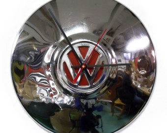 VW Bug Wall Clock - Volkswagen Beetle Hubcap Clock - Volkswagon - Chrome Clock with Red Center