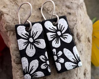 Dichroic Glass Earrings - Hand Etched Flowers Silver & Black Glass Art