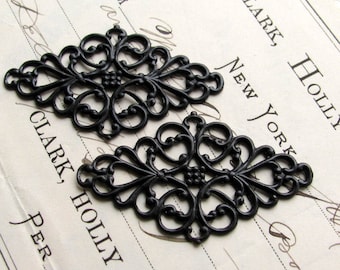 Diamond shaped black filigree link, ornament, 45mm wrap, black antiqued brass (2 flat filigree) dark aged patina, made in the USA, OR-SG-021