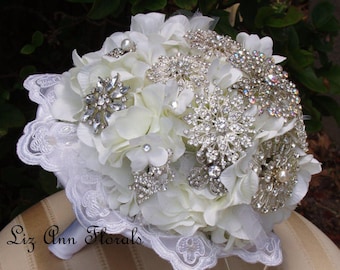 White Brooch Bouquet, Quinceanera Jeweled Wedding Bouquet, Heirloom Bouquet, Lace Bouquet Collar,Ready To Ship