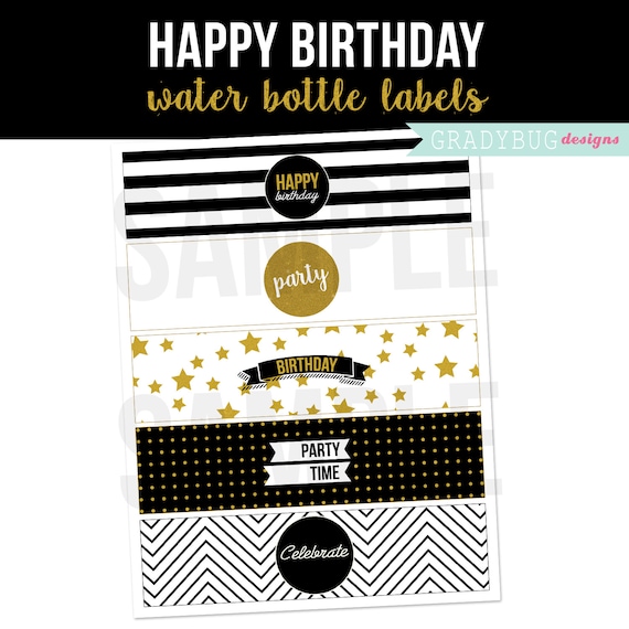 happy birthday water bottle labels black and gold printable