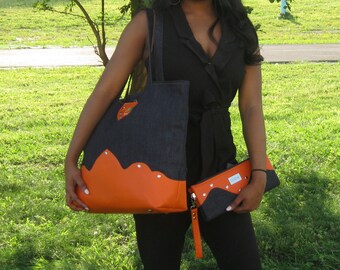 orange clutch bag set faux leather blue denim tote pocketbook