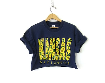 Cut Off Cropped TShirt Navy Blue KANSAS Sunflowers Tee Shirt Cotton Tee Crop Top Floral Top Vintage Women's Size Large