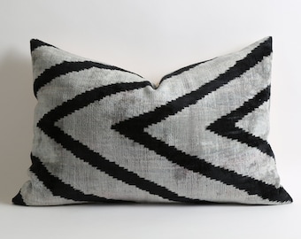 Throw pillows gray 16x24 Velvet Ikat Pillow Cover pillow chevron zigzag black gray couch pillows scandinavian design home accessories pillow