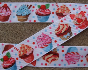 3 yards birthday ribbon Cupcake Printed Ribbon Pink and Blue Cupcake Grosgrain ribbon 7/8" Cup Cake Ribbon birthday ribbon dots ribbon