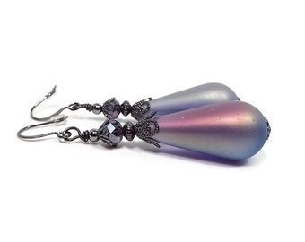Purple Earrings, Teardrop Earrings, Goth Earrings, Frosted Shimmery, Vintage Style, Gunmetal Plated, Lever Back Hook