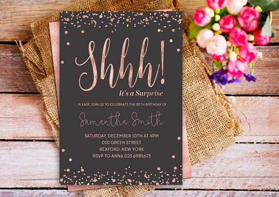 Shhh it's a suprise party birthday invitation rose gold