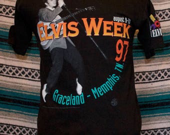 90s Elvis Week Shirt 97 Black Single Stitch Graceland Medium M 100% Cotton