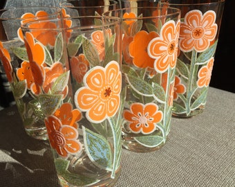 Rare Set of 6 Culver LTD Embossed Orange Flowers 12 oz. Flat Tumblers