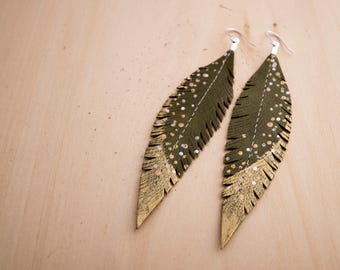 Green, Gold and Silver Hand-painted Reclaimed Leather Feather Earrings