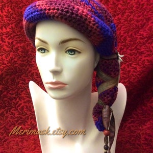 Blueberry Boho Hawk Cloche Crocheted Slouch Hat... knit yarn tied soft scarf cap bohemian boho