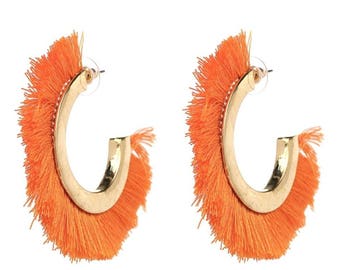 Large Fringed Orange Gold Hoop Earrings.
