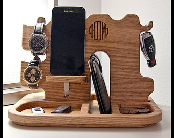 Custom Monogrammed Men's Docking Station / Night Stand Organizer With Hidden Matching Monogrammed Shot glass