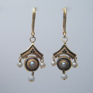 RESERVED *** Antique Pearl Earrings, Very Rare Second Empire 18kt GOLD EARRINGS with Black Enamel Pearls; Renaissance Revival French c 1865
