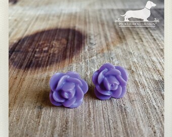 DOLLAR DEAL! Violet. Rosebud Post Earrings -- (Vintage-Style, Purple, Flower Studs, Roses, Romantic, Feminine, Bridesmaid Gift, Under 5)