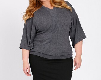 ABBI Plus Size Kimono Sleeve Sweater Curvy Knit Top, Tunic Top in Charcoal Grey Sizes 12-26