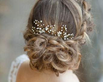 Bridal hair pins Wedding hair pins Pearl hair pins with rhinestones Crystal hair pins Set of 2 pearl hair pins Gold bridal hair pins